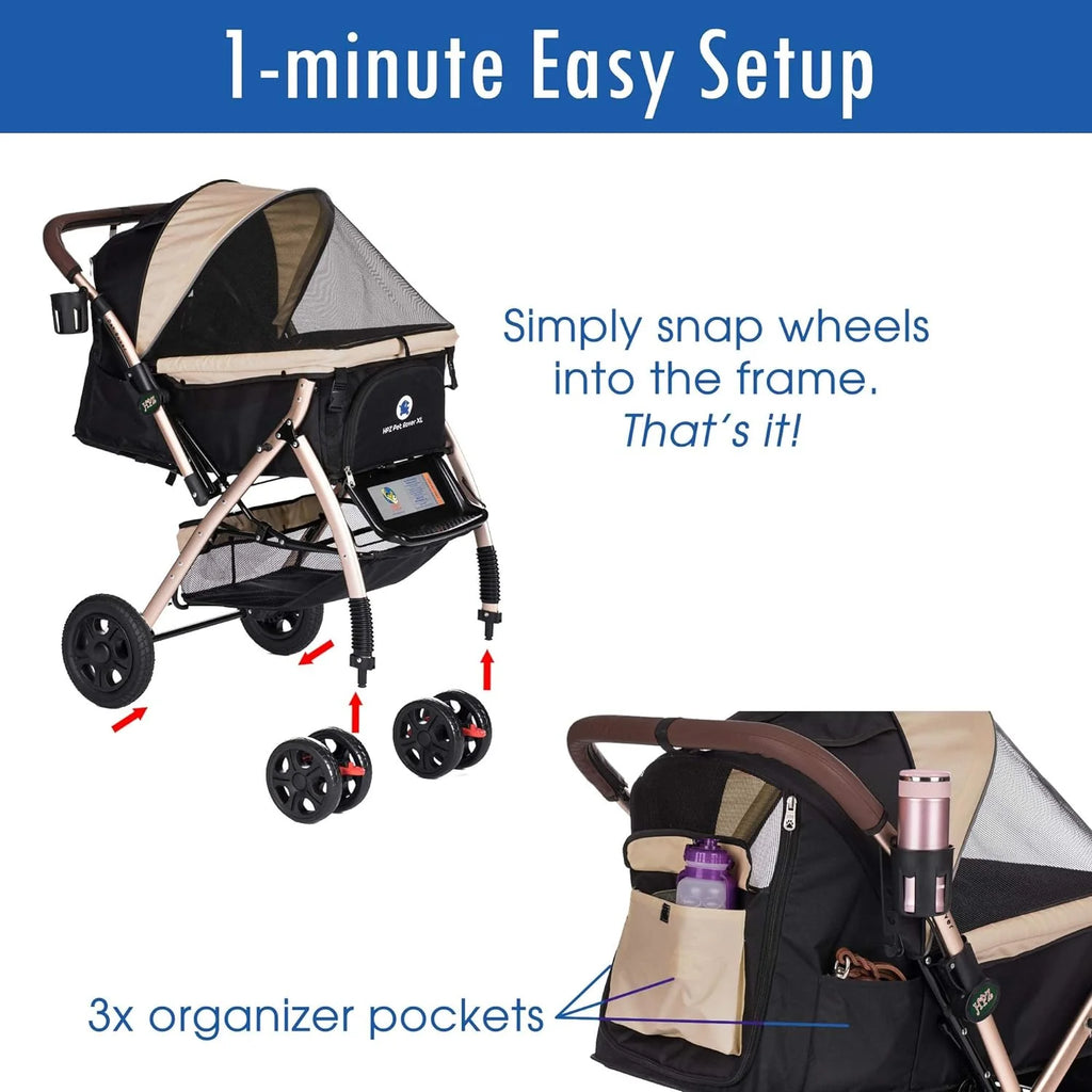 Pet Rover Premium Heavy Duty DogCat Stroller Travel Carriage CompartmentZipperless EntryPump-Free Rubber Tires Small, Medium, Large Pets (Black 2nd-Gen.), X-Large (Pack of 1)