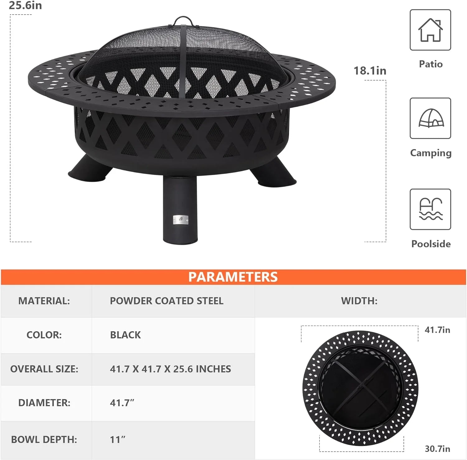 SUNCREAT 42” Patio Fire Pit Wood Burning with Mesh Spark Screen, Bonfire Outdoor firepit with Fireplace Poker, Black