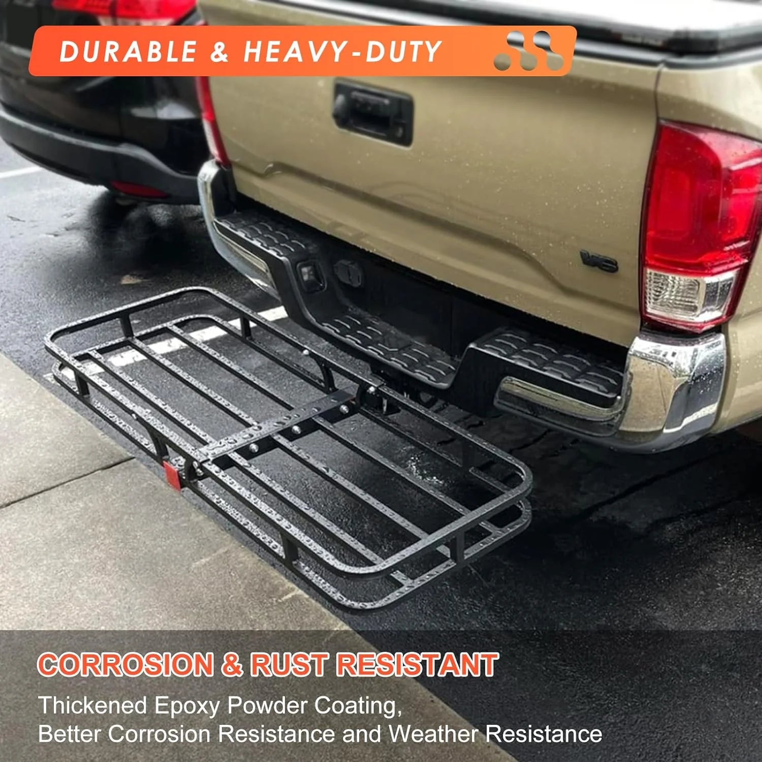 Folding hitch mounted cargo basket 60 With hook stabilizer, net and straps