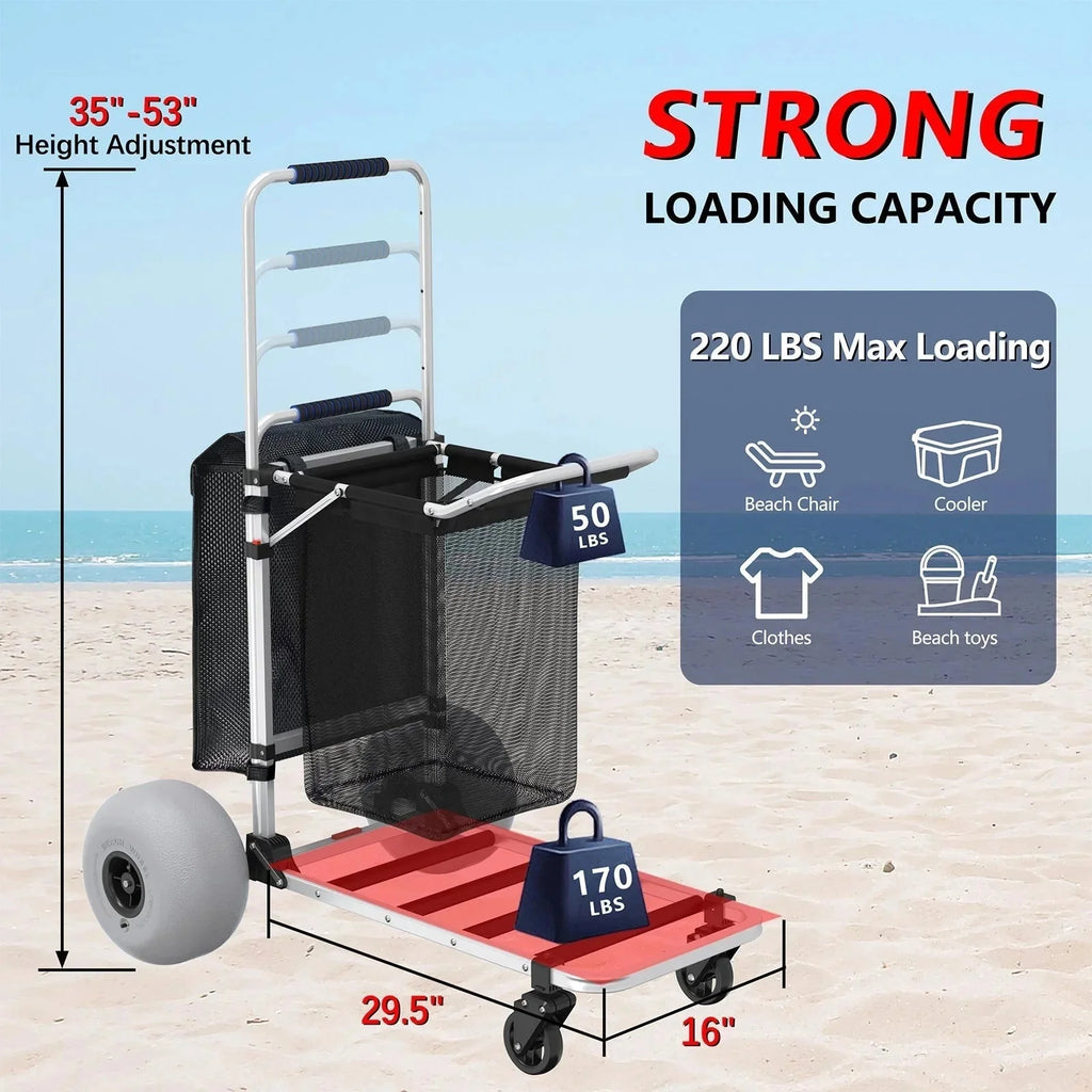 GDLF Foldable Beach Cart with Adjustable Handle and 12 Balloon Wheels, Heavy Duty Aluminum 220LBS Capacity