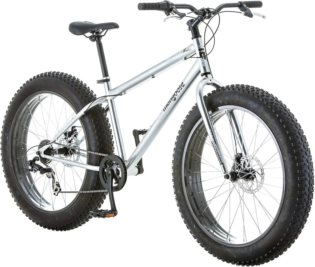 Malus Mens and Women Fat Tire Mountain Bike, 26-Inch Bicycle Wheels, 4-Inch Wide Knobby Tires, Steel Frame, 7 Speed Drivetrain, Shimano Rear Derailleur, Disc Brakes