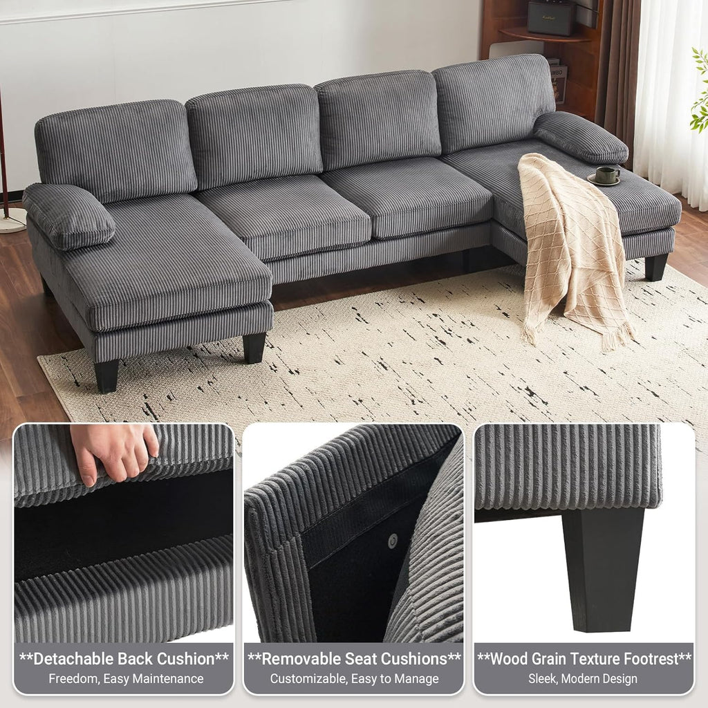VINGLI 110 Sectional Couches for Living Room,U Shaped Couch with Double Chaise, 4-Seat Sofa Set with Chenille Fabric for Home Furniture,Beige