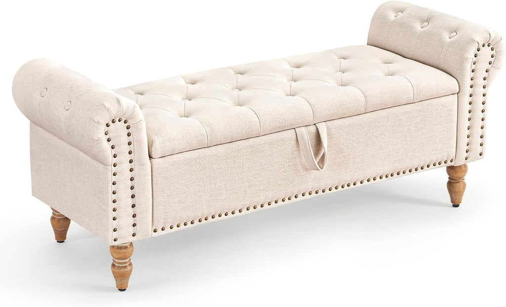 Furniliving Modern Storage Ottoman Bench, Sherpa Ottoman End of Bed Bench with Solid Wood Legs Upholstered Ottoman Benches with Storage Indoor Bench for Living Room with Rolled Arm, Entryway, White