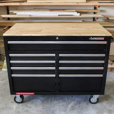 46-in W x 24.5-in D 9-Drawer Mobile Workbench with Hardwood Top and Power Station ?? Gloss Black
