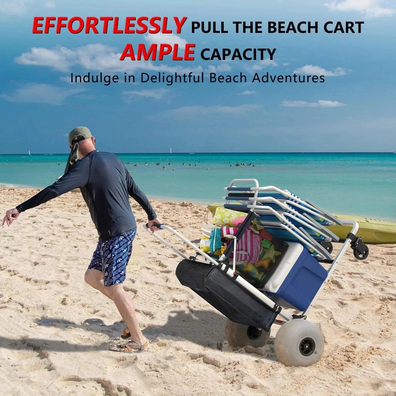 GDLF Foldable Beach Cart with Adjustable Handle and 12 Balloon Wheels, Heavy Duty Aluminum 220LBS Capacity