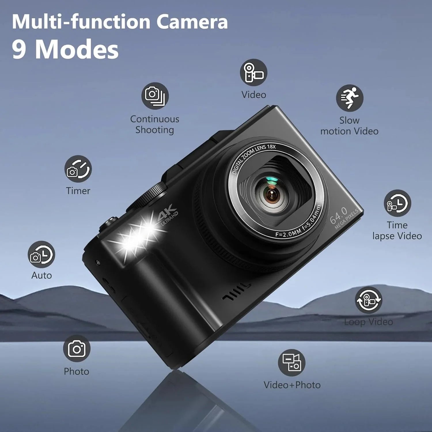 4K Digital Camera for Photography, 64MP Vlogging Camera for YouTube with 3 180° Flip Screen, 18X Digital Zoom Point and Shoot Camara with 32GB Micro SD Card for Beginner (Black)