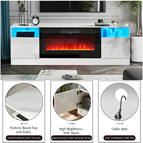 Oneinmil Fireplace TV Stand with 36 Electric Fireplace, LED Light Entertainment Center, Modern Wood, White