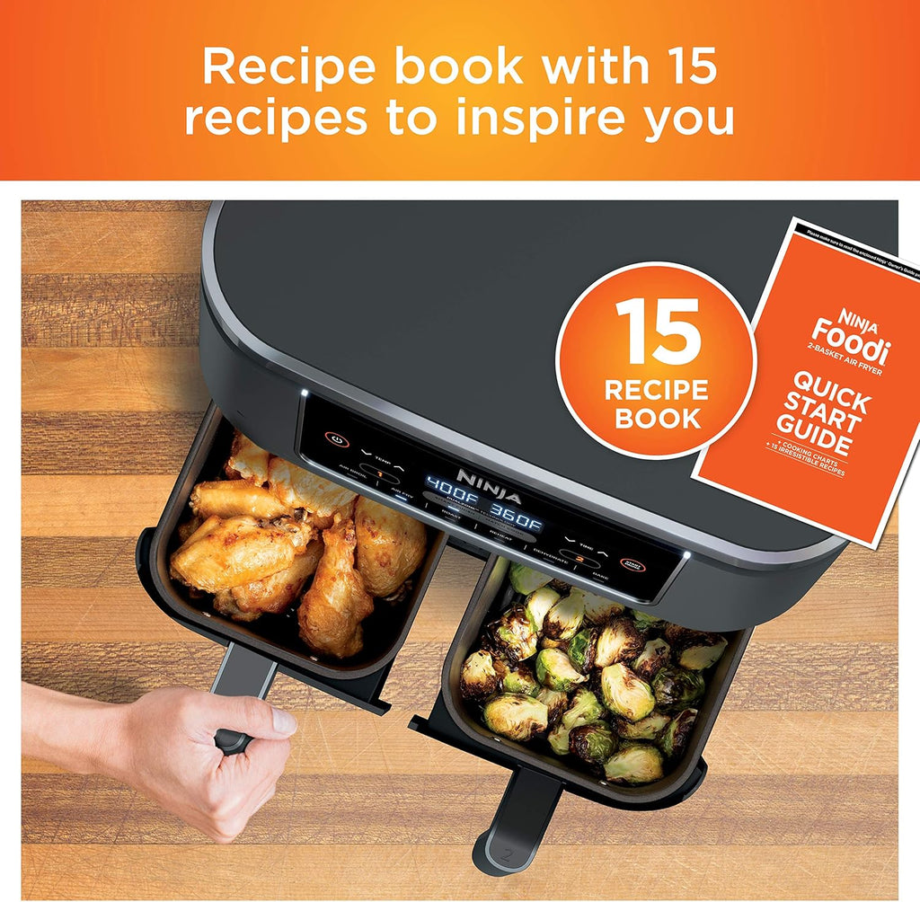 Ninja Foodi 10QT 6-in-1 DualZone Smart XL Air Fryer, 2 Independent 5QT Baskets, Smart Cook Thermometer, Match Cook, Smart Finish, Air Fry, Roast, Bake, Dehydrate, Reheat, Grey, DZ550