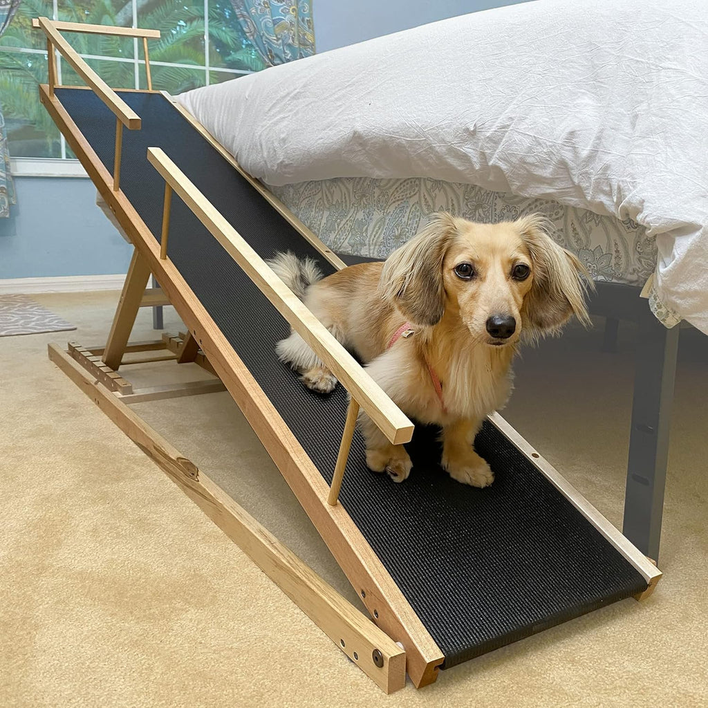 Dog Ramp for Beds - Adjustable up to 37 High Beds with Low Incline, Safety Rails & Anti-Slip Grip, for Small Dogs up to 50lbs - Solid Hardwood, Made in North America