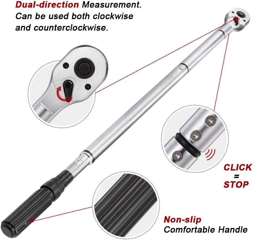 1-Inch Drive Click Torque Wrench, Dual-Scale Adjustable Torque Wrench Set with a Hex Key 200-1000ft.lb / 271-1356.7Nm
