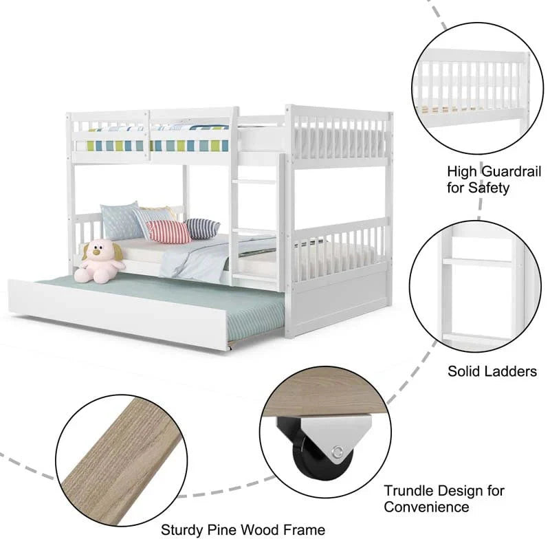 Solid Wood Full Over Full Bunk Bed Frame With Trundle Safety Ladder Amp Guardrails Convertible Bunk Bed For Kids Teens