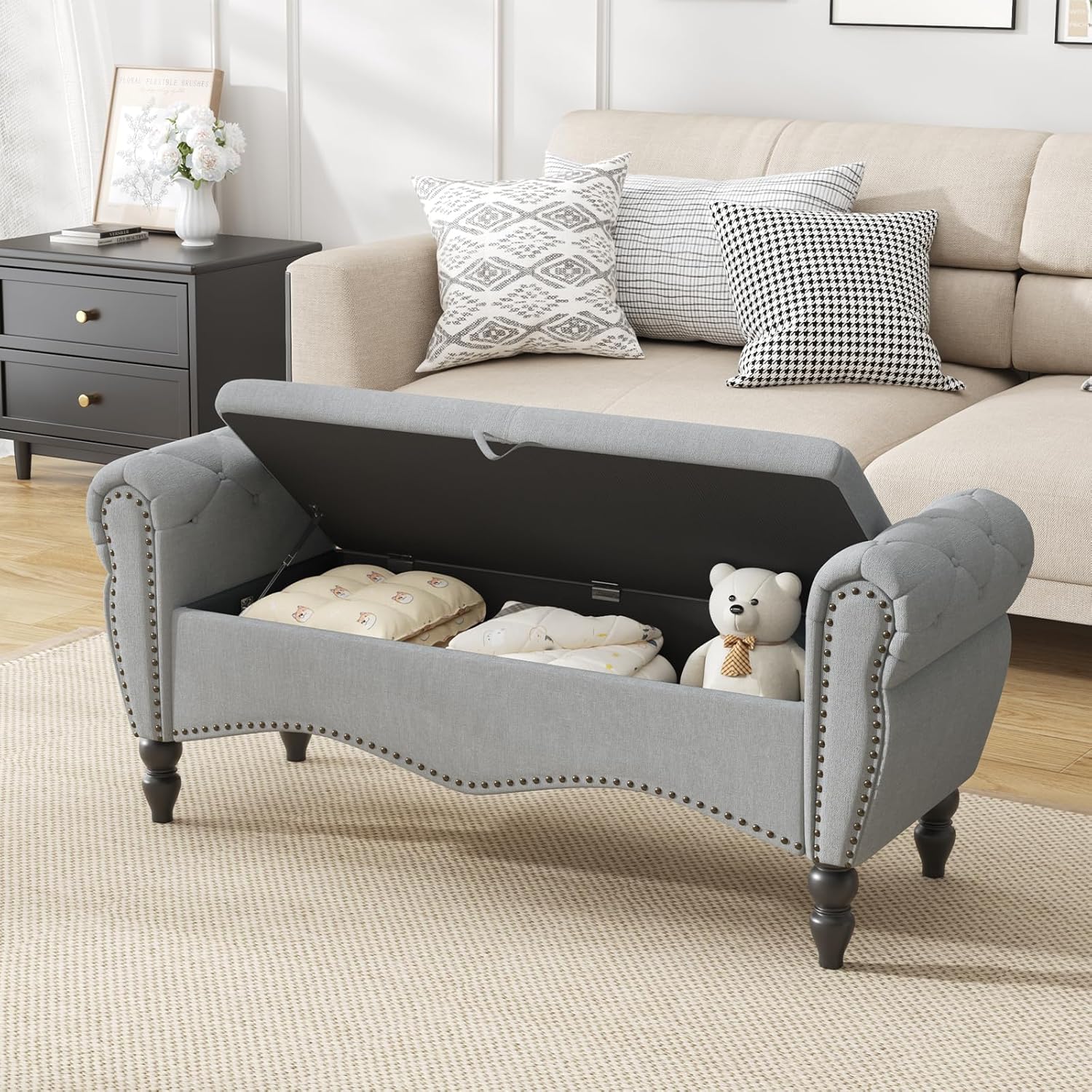 Furniliving Modern Storage Ottoman Bench, Sherpa Ottoman End of Bed Bench with Solid Wood Legs Upholstered Ottoman Benches with Storage Indoor Bench for Living Room with Rolled Arm, Entryway, White