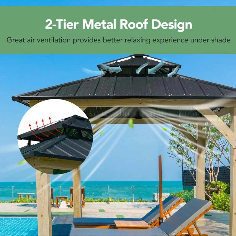 10 X 10 Ft Outdoor Patio Hardtop Gazebo With Wood Frame Amp 2 Tier Metal Roof All Weather Gazebo Pergolas Shelter