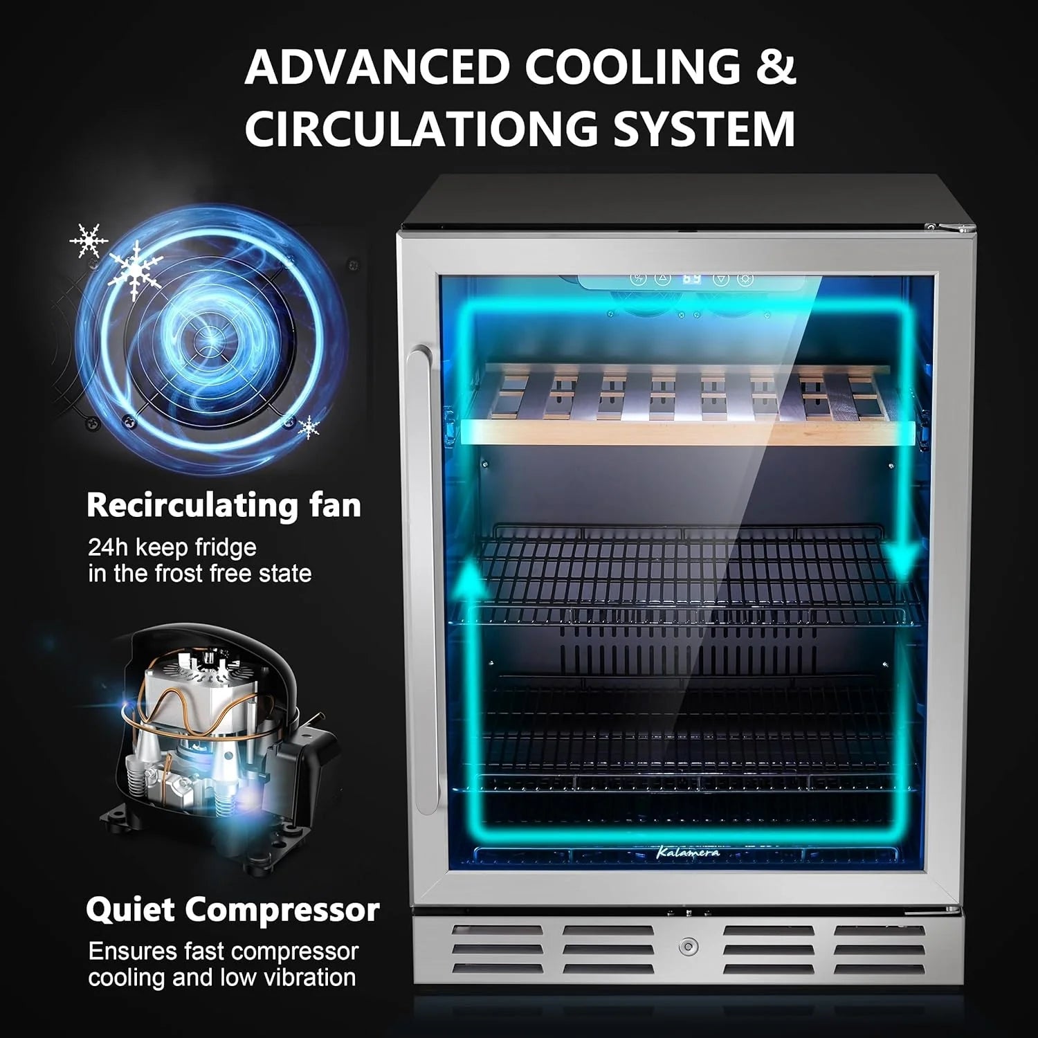 24 inch Wine Cooler, 46 Bottle - Dual Zone Built-in or Freestanding Fridge with Stainless Steel Reversible Glass Door, for Home, Kitchen, or Office.