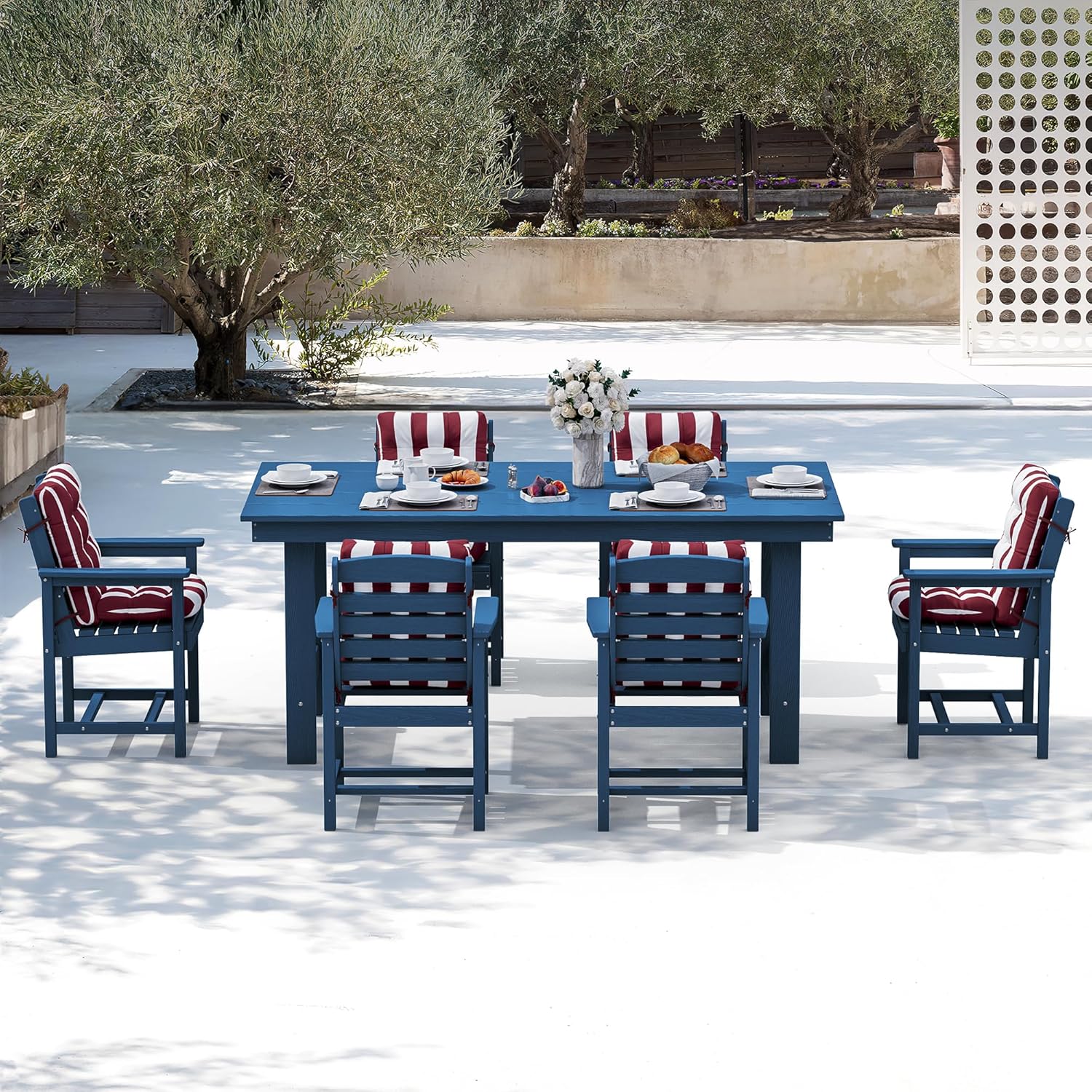 SERWALL 7-Piece Patio Table Set, Outdoor HDPE Dining Furniture with Umbrella Hole, All Weather Table and Chairs for Lawn, Garden, Poolside, Aruba