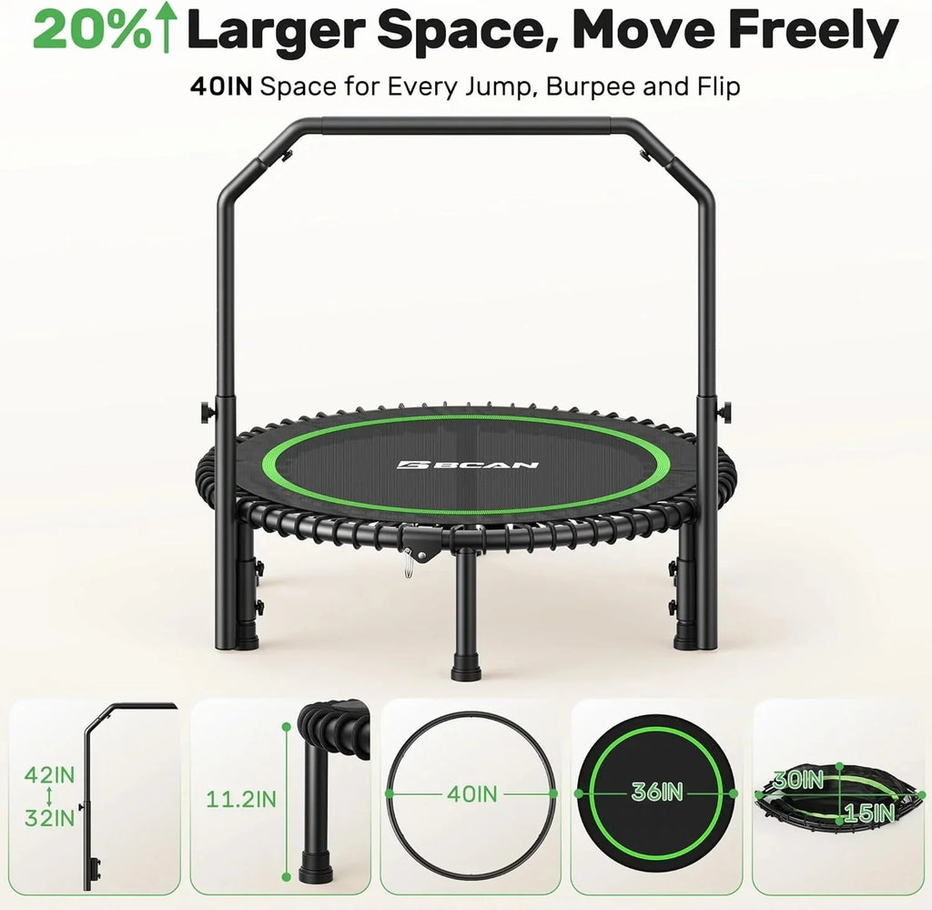 BCAN 450/550 LBS Foldable Mini Trampoline, 40/48 Fitness Trampoline with Bungees, U Shape Adjustable Foam Handle, Stable & Quiet Exercise Rebounder for Adults Indoor/Outdoor Workout