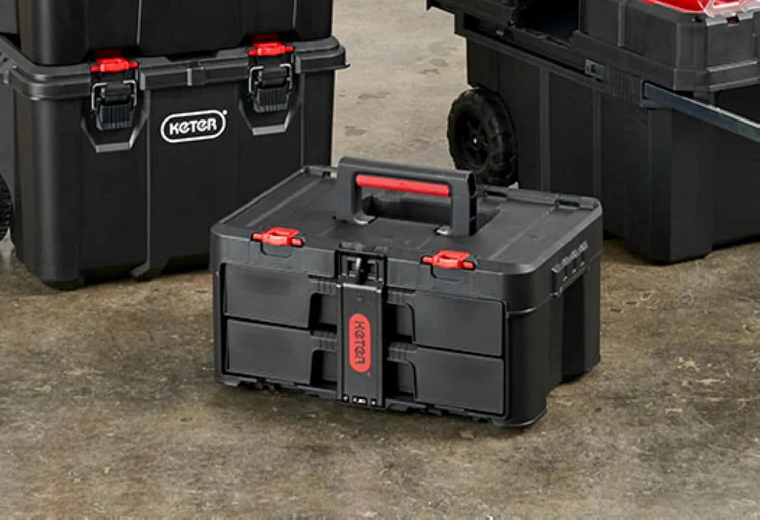 Keter Stack-n-Roll Modular Tools Organizer for Garage Storage and DIY, 3 Piece Resin Rolling Tool Box System for Small Parts