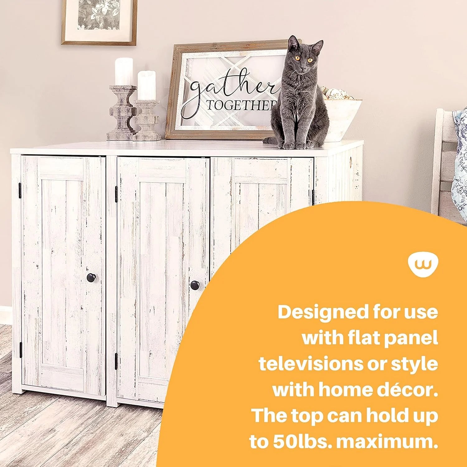 Litter-Robot Credenza with Litter Box Enclosure, Rustic White Plank Finish, 43.2” W x 28.1” D x 33.1” H, Stylish and Durable Hidden Cat Litter Box Furniture, Litter-Robot Not Included