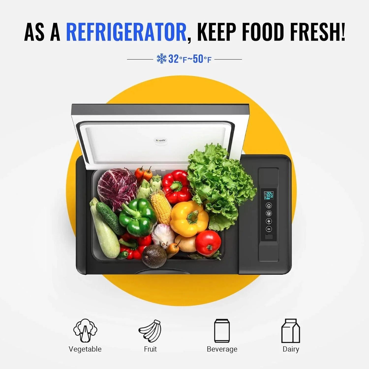 BougeRV 12 Volt Refrigerator 12V Car Fridge 23 Quart Portable Freezer Compressor Cooler 12/24V DC 110~240 Volt AC for Truck Van RV Camper SUV Travel Camping Road Trips Tailgating -7℉~50℉