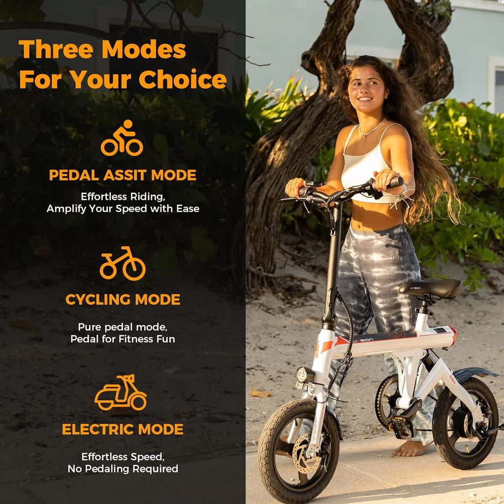 Jasion EB3 Electric Bike Adults 21mph, 500W Peak Motor, 270Wh Battery, Rear Suspension, 3 Levels Assist, 14′′ Folding Ebike for Adults and Teens, Complies to UL2849