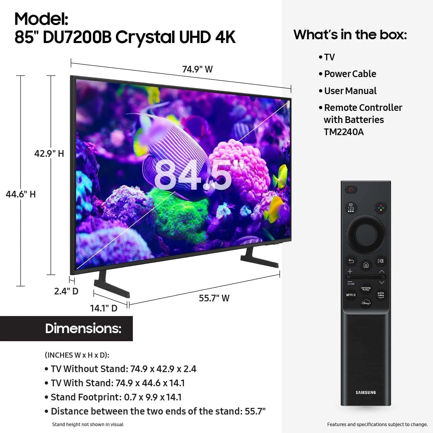 Samsung 85′′ DU7200B Crystal UHD 4K Smart TV with HDR, Motion Xcelerator, and Object Tracking Sound Lite