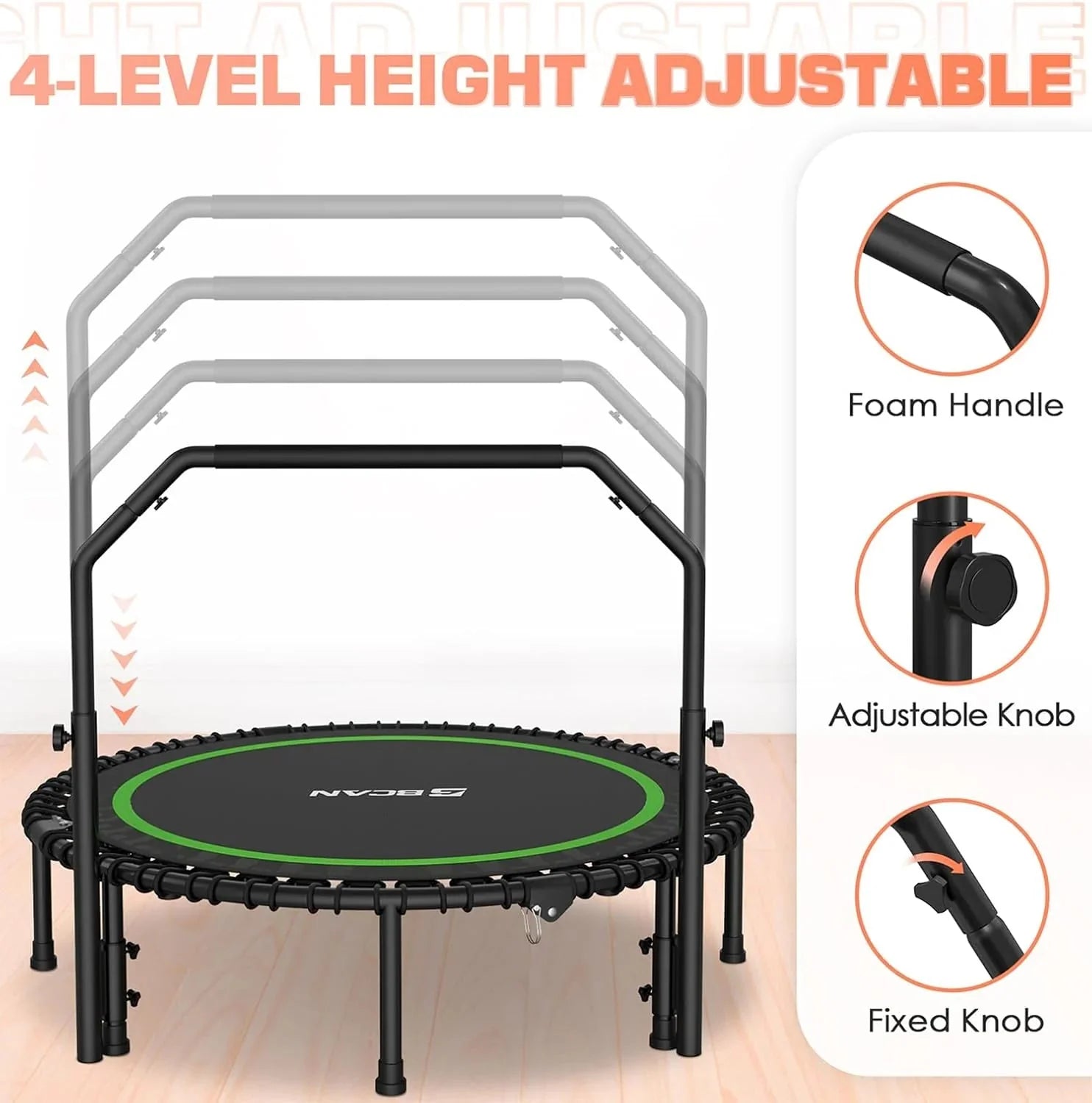 BCAN 450/550 LBS Foldable Mini Trampoline, 40/48 Fitness Trampoline with Bungees, U Shape Adjustable Foam Handle, Stable & Quiet Exercise Rebounder for Adults Indoor/Outdoor Workout