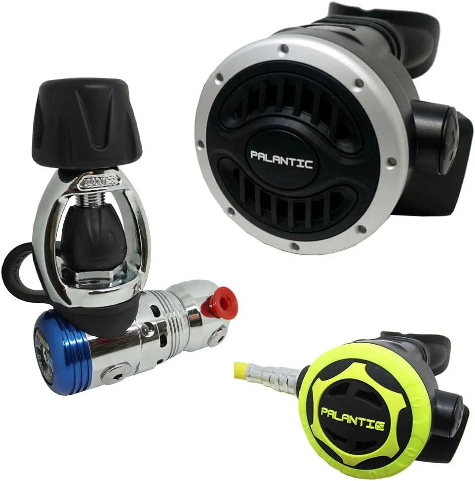 Palantic AS103 Yoke Regulator & Octopus Combo for Scuba Diving | High-Performance Over-Balanced Regulator, Silicone Mouthpiece, 27 Hose, Large Purge Button, 36 Yellow Octopus Hose