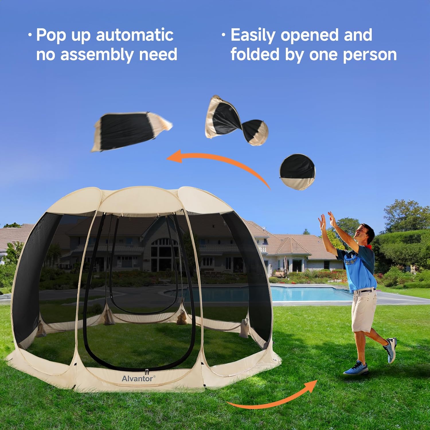 Screen House Room Camping Tent Outdoor Canopy Pop Up Sun Shade Shelter 8 Mesh Walls Not Waterproof Beige 12'x12' Patent Pending