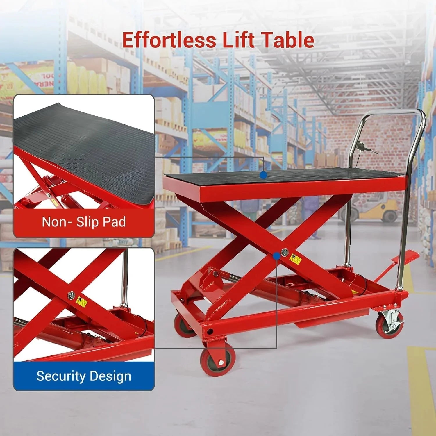 500LBS Hydraulic Lift Table Cart, 30 Lifting Height., Double Scissor Lift Table with 4 Wheels and Non-Slip Pad, Hydraulic Scissor Lift Table for Material Handling and Transportation