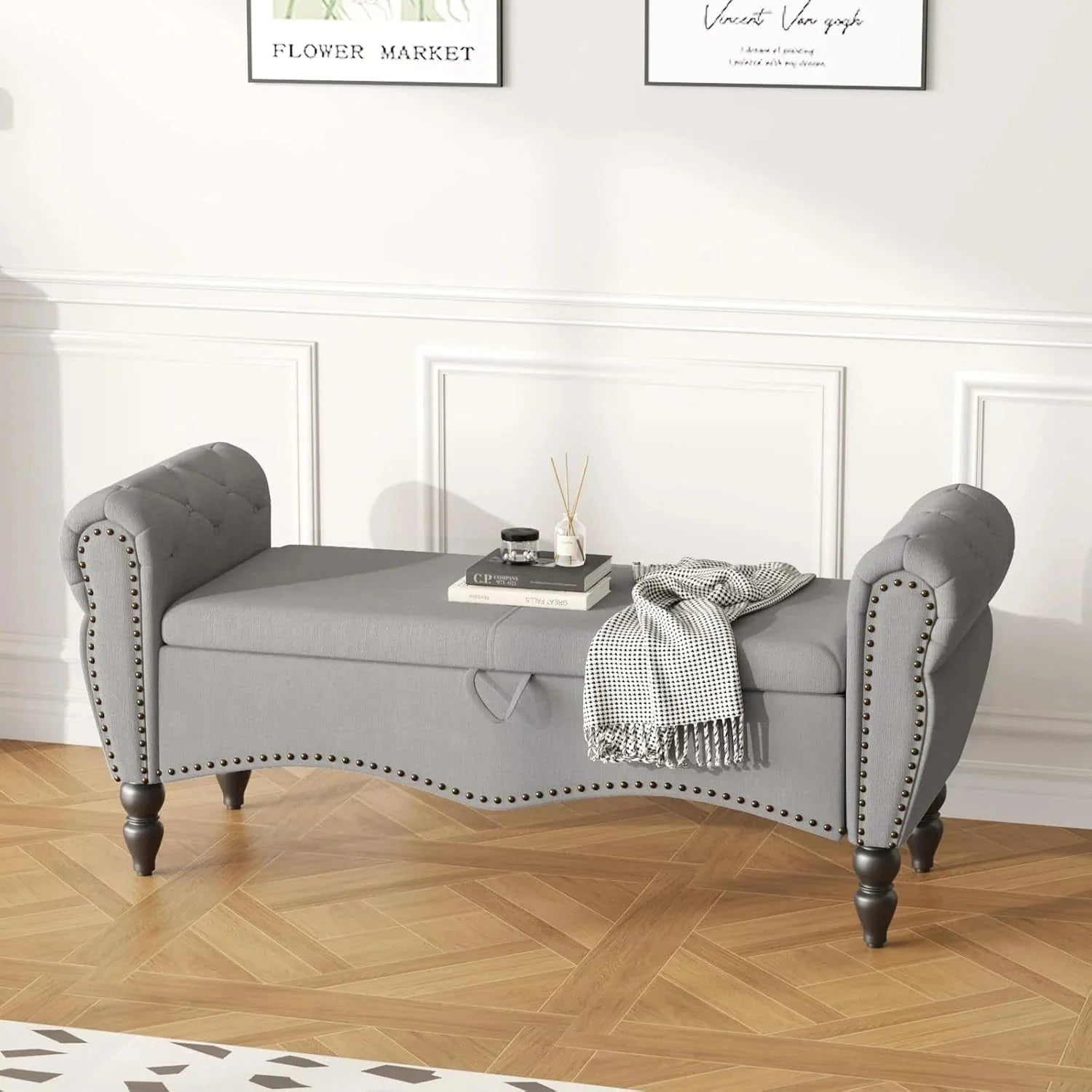 Furniliving Modern Storage Ottoman Bench, Sherpa Ottoman End of Bed Bench with Solid Wood Legs Upholstered Ottoman Benches with Storage Indoor Bench for Living Room with Rolled Arm, Entryway, White