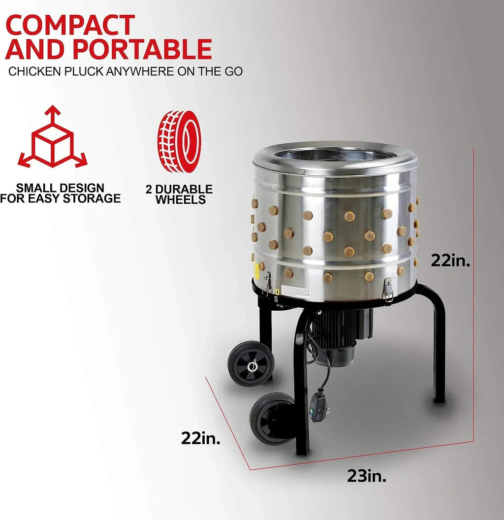 Kitchener Chicken Plucker De-Feather Remover Poultry and Fowl Food Processor Electric Stainless Steel Heavy Duty 1HP 120VAC 280RPM GFCI Connector 92 Soft Fingers 20 Drum Diameter
