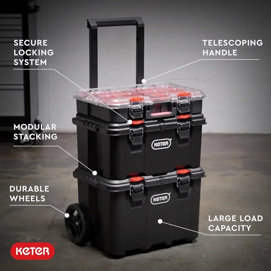 Keter Stack-n-Roll Modular Tools Organizer for Garage Storage and DIY, 3 Piece Resin Rolling Tool Box System for Small Parts