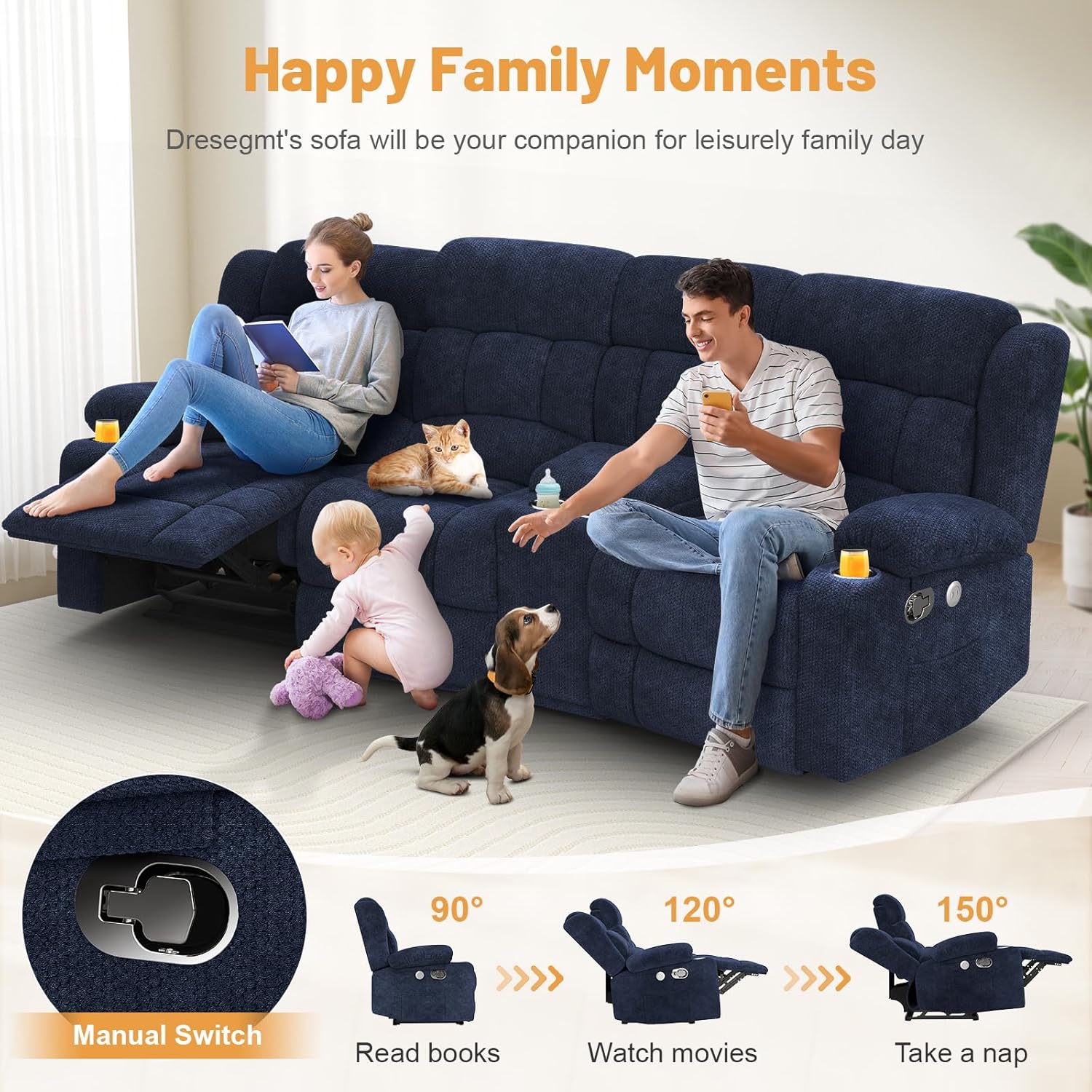 3 Seat Reclining Sofa with Storage Drawer USB Ports & Cup Holders Manual Couch