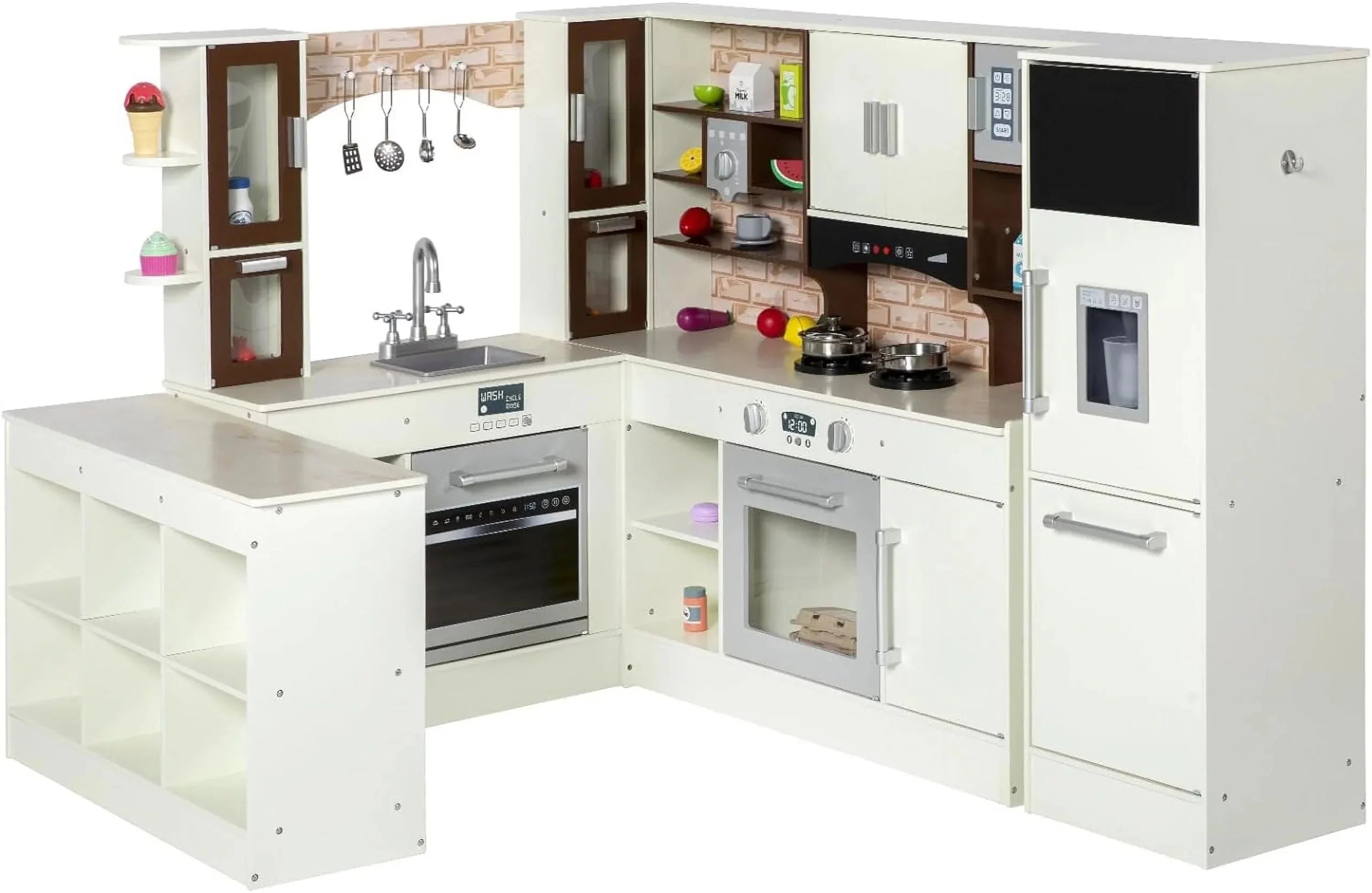 BRINJOY Kids Modular Wooden Kitchen Playset with Light & Sound, Corner Kitchen, Fridge & Storage – Perfect Gift for Toddlers