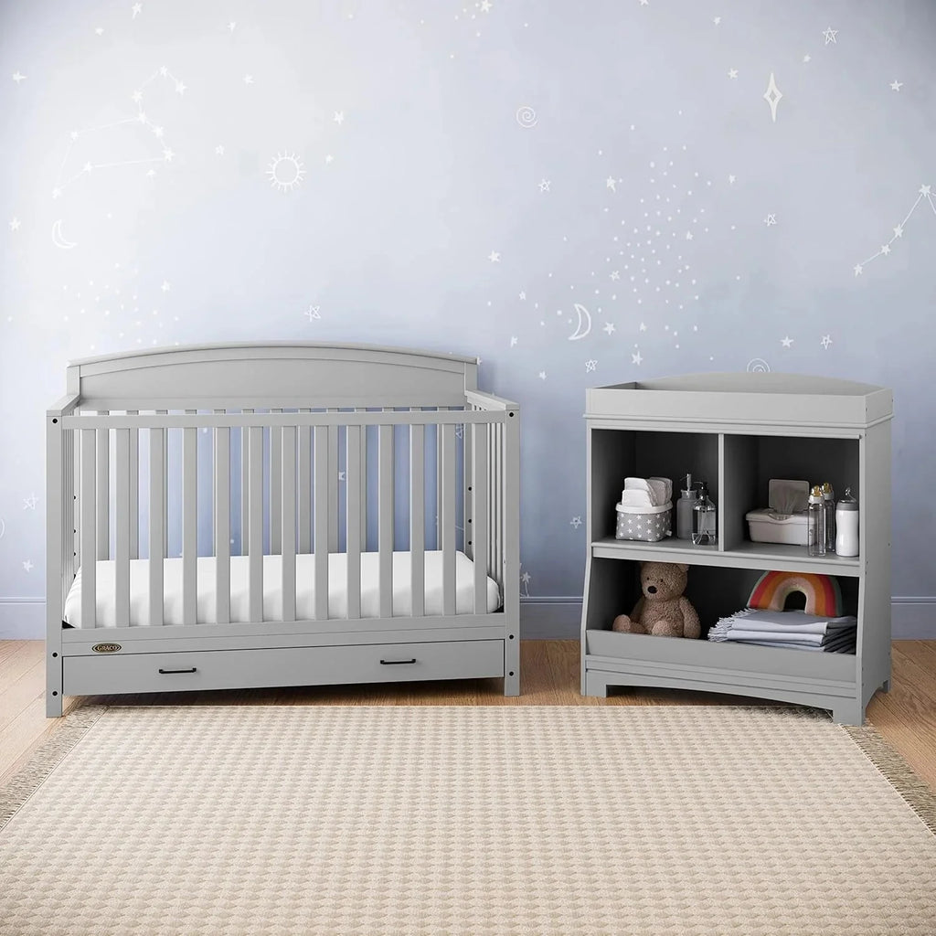 5-in-1 Convertible Baby Bed (with drawers, white) - Green Guardian Gold Certification, built-in baby bed storage drawer, convertible to toddler bed, day bed and full-size bed