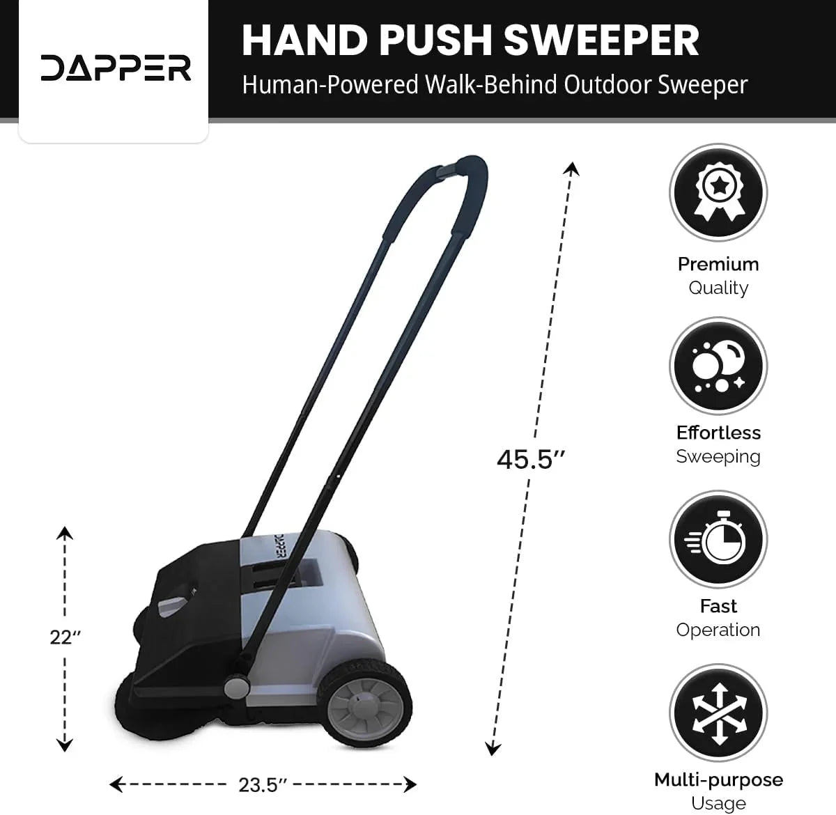 Walk-Behind Outdoor Hand Push Floor Sweeper - 5.25 Gallon Capacity - 25.5 Sweeping Width - Sweeps up to 27,900 ft2 / Hour, Grey