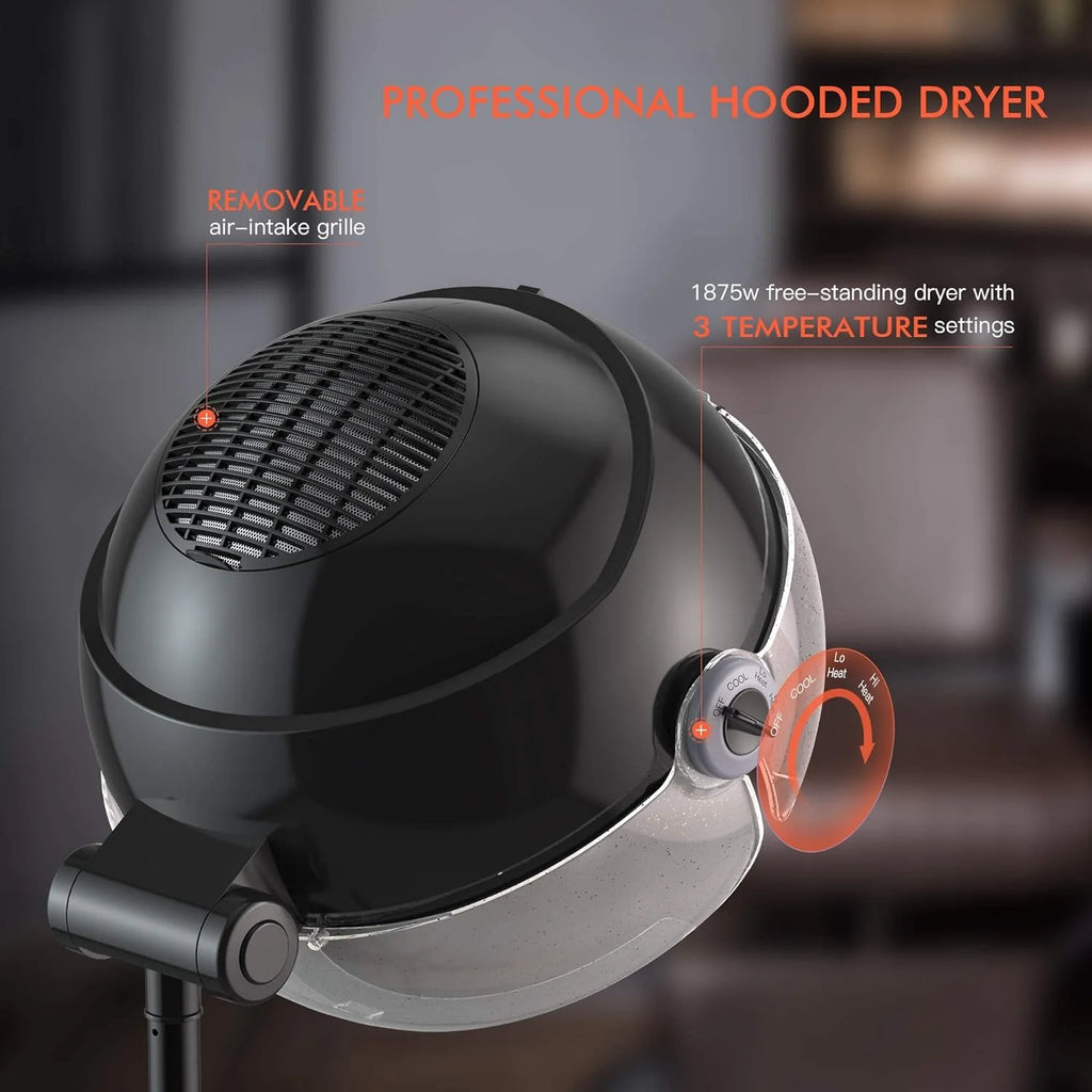 Hooded Dryer - 1875W Bonnet Hair Dryer - Sit Under Hair Dryer for Home and Salon - Auto Hair Dryer Hood with 3 temperature settings - Standing Hair Dryer - Portable Hair Dryer