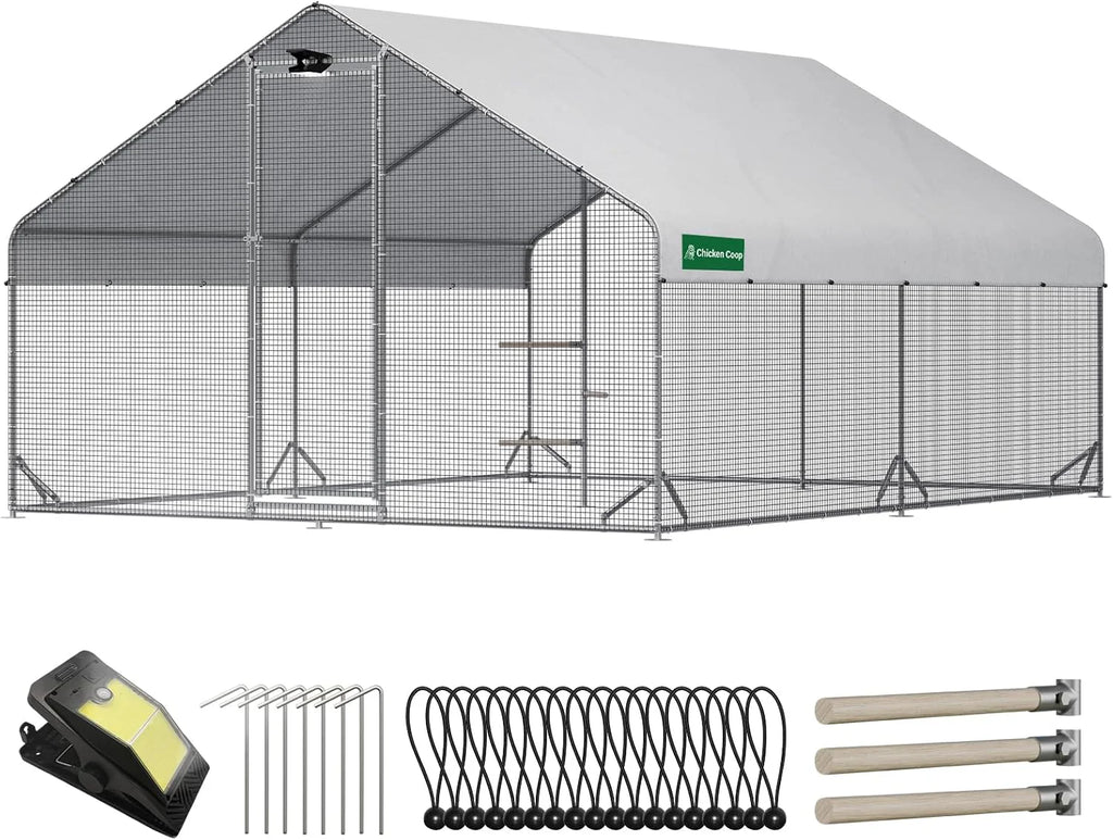 Large Walk-in Metal Chicken Coop with Run, Solar Light, UV Cover
