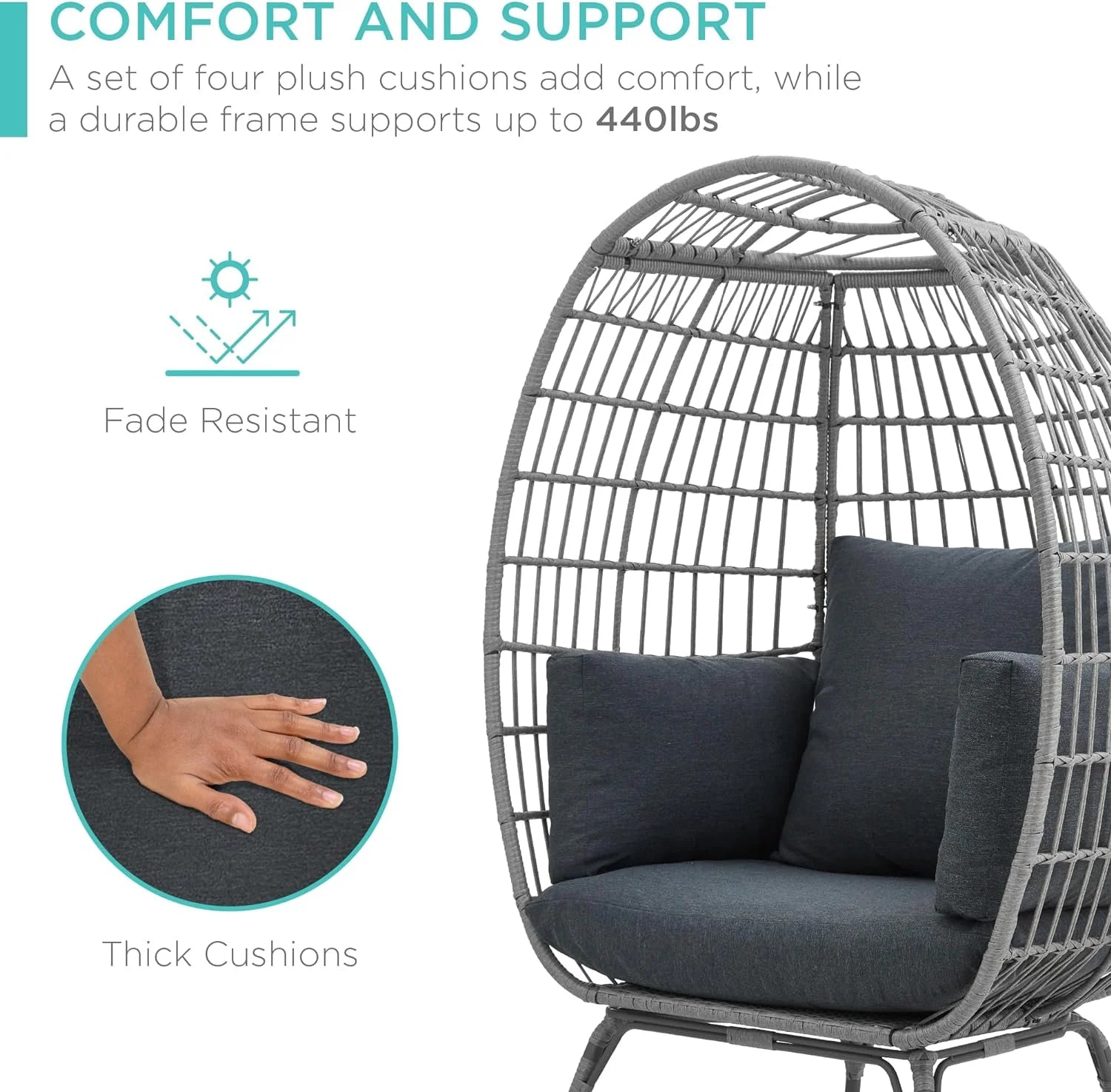 Best Choice Products Wicker Egg Chair, Oversized Indoor Outdoor Lounger for Patio, Backyard, Living Room w/ 4 Cushions, Steel Frame, 440lb Capacity - Ivory