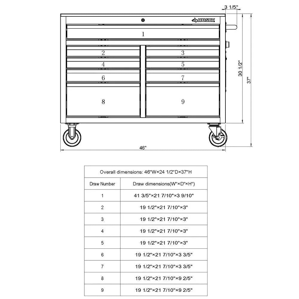 Gloss Black 46′′ 9-Drawer Mobile Tool Chest Workbench with Power Strip & Solid Wood Top