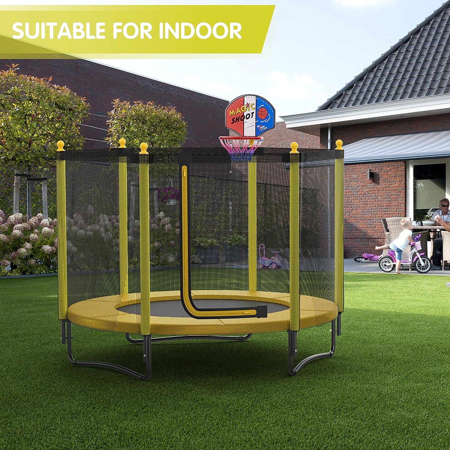 60 Kids Trampoline with Safety Enclosure Net, 5FT Toddler Indoor & Outdoor Trampoline/w Basketball Hoop - Parent-Child Interactive Game Fitness Trampoline Toy Gift for Boys and Girls Age 1-8