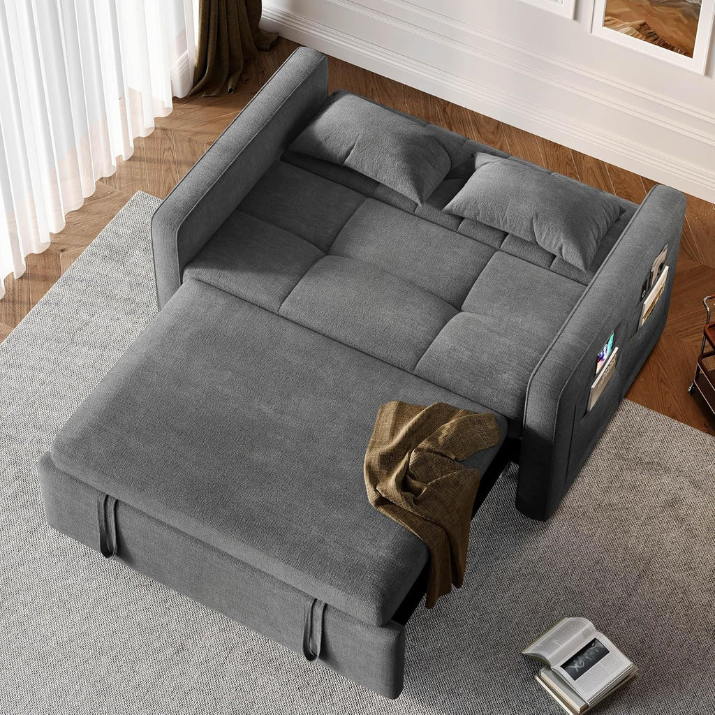 DWVO 3-in-1 Convertible Sofa Bed, 55 Sleeper Sofa with Pull-Out Bed, Cat-Scratch-Proof Fabric Futon Couch with Adjustable Backrest and Side Pocket, Loveseat for Living Room Apartment, Grey