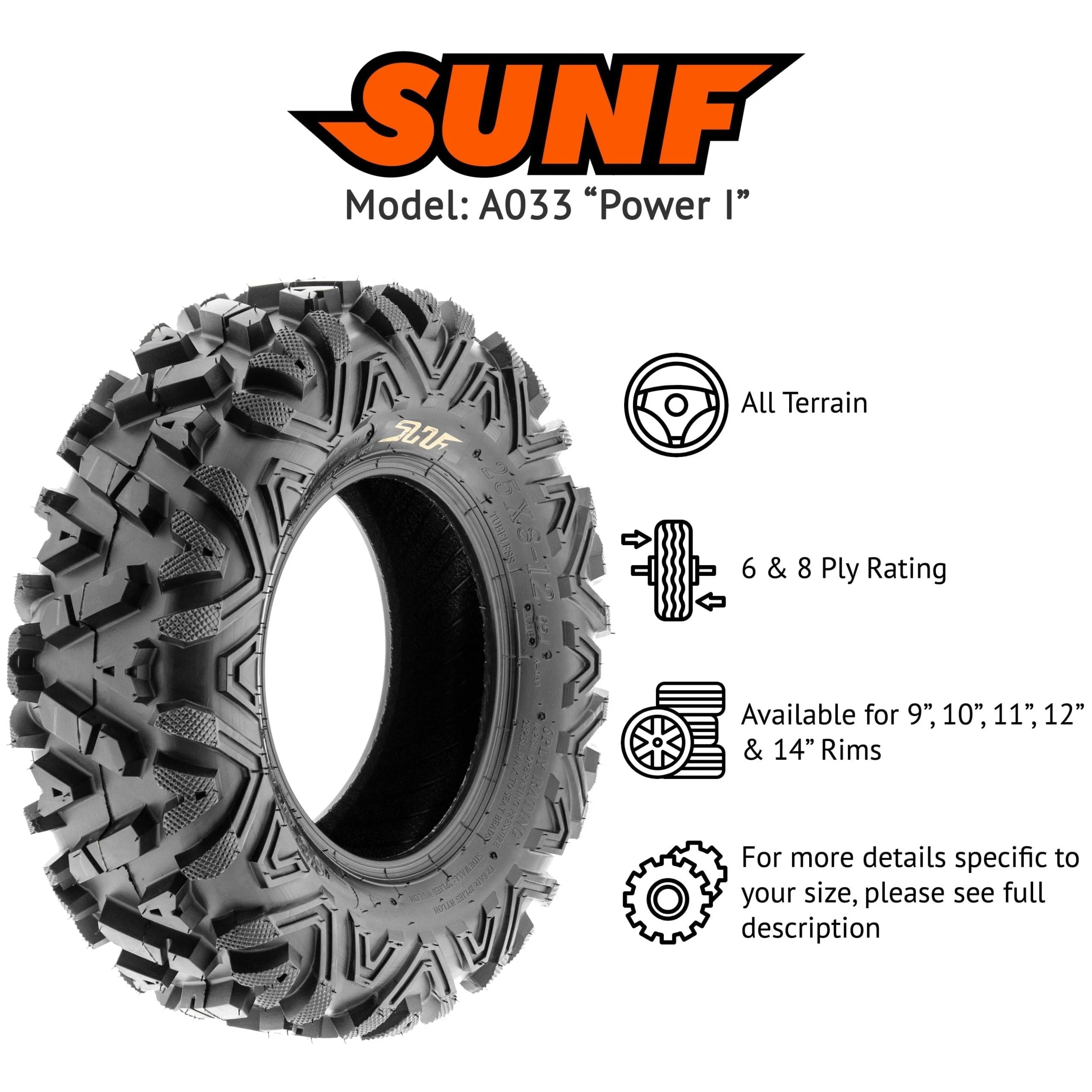 SunF All Terrain ATV UTV Tires 25×8 12 and 25×10 12 6 PR A033 (Complete Full Set of 4)
