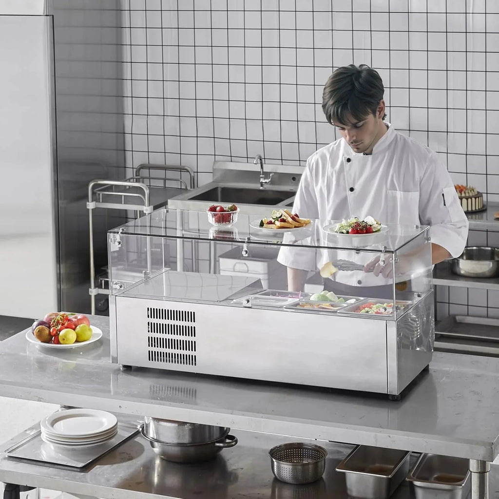 Refrigerated Condiment Prep Station, 135 W Countertop Refrigerated Condiment Station, with 2 1/3 Pans & 4 1/6 Pans, 304 Stainless Body and PC Lid, Sandwich Prep Table with Stainless Guard, ETL