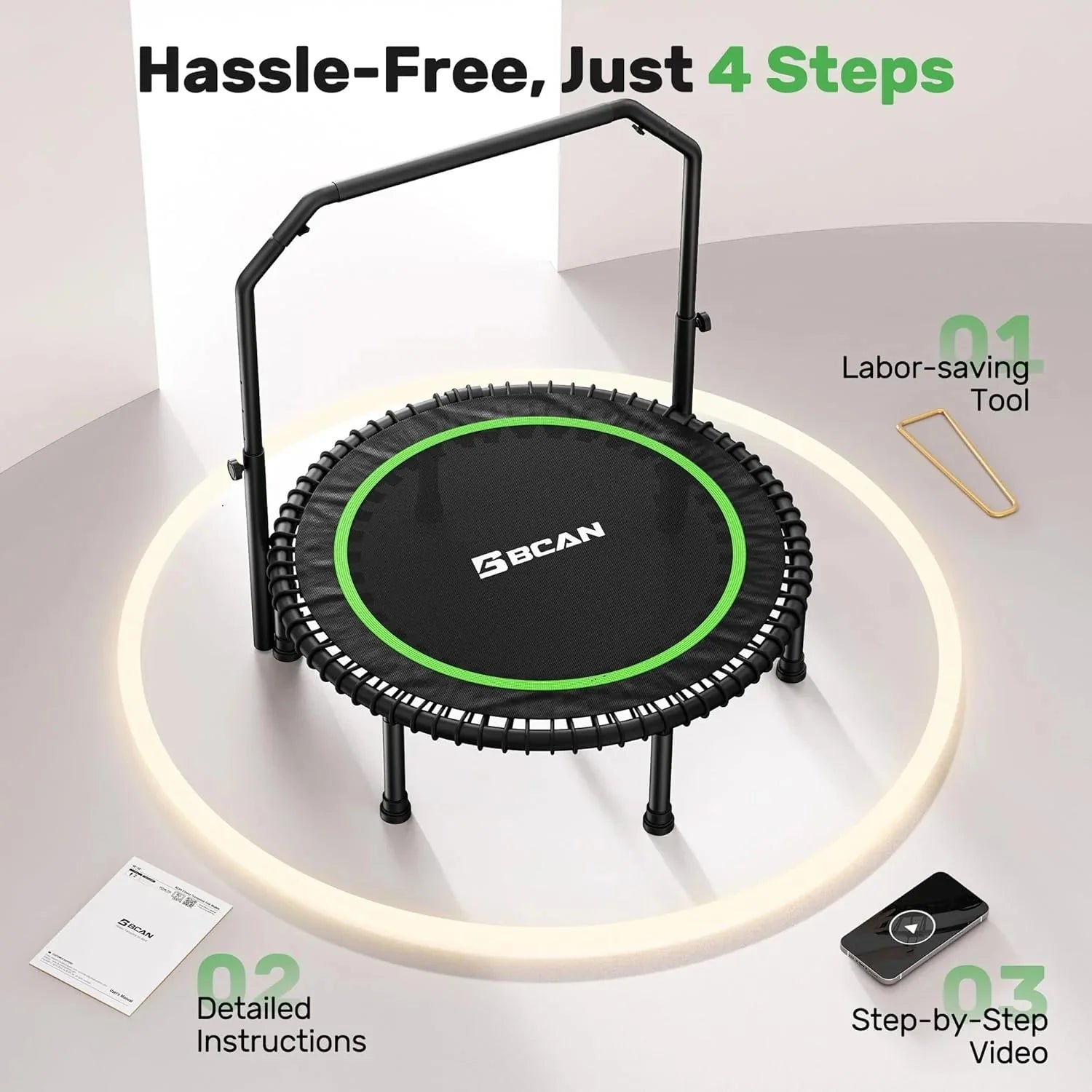 BCAN 450/550 LBS Foldable Mini Trampoline, 40/48 Fitness Trampoline with Bungees, U Shape Adjustable Foam Handle, Stable & Quiet Exercise Rebounder for Adults Indoor/Outdoor Workout