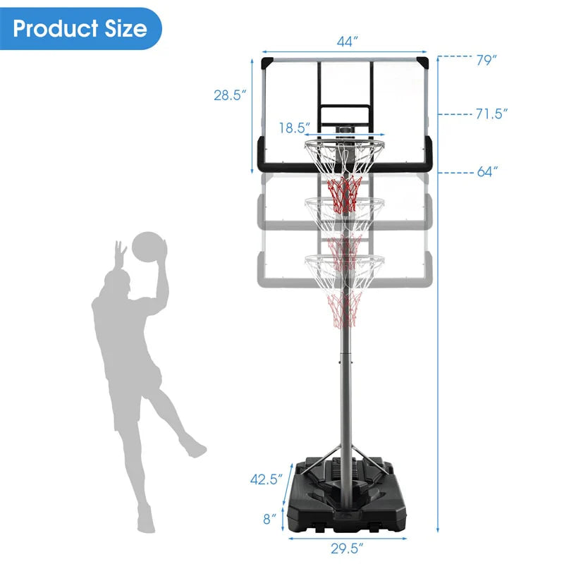 Portable Outdoor Basketball Hoop 64''-79'' Adjustable Poolside Basketball Goal System with 44 Backboard Wheeled Fillable Base