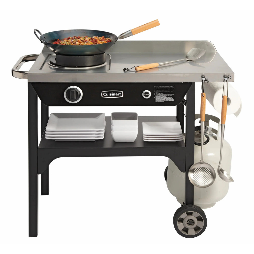 Cuisinart Outdoor Wok Station, 50,000 BTU Propane Outdoor Wok Burner w Prep Table, 14锟芥?锟斤拷 Carbon Steel Wok for Stir Fry, Searing, BBQ 锟斤拷 Black
