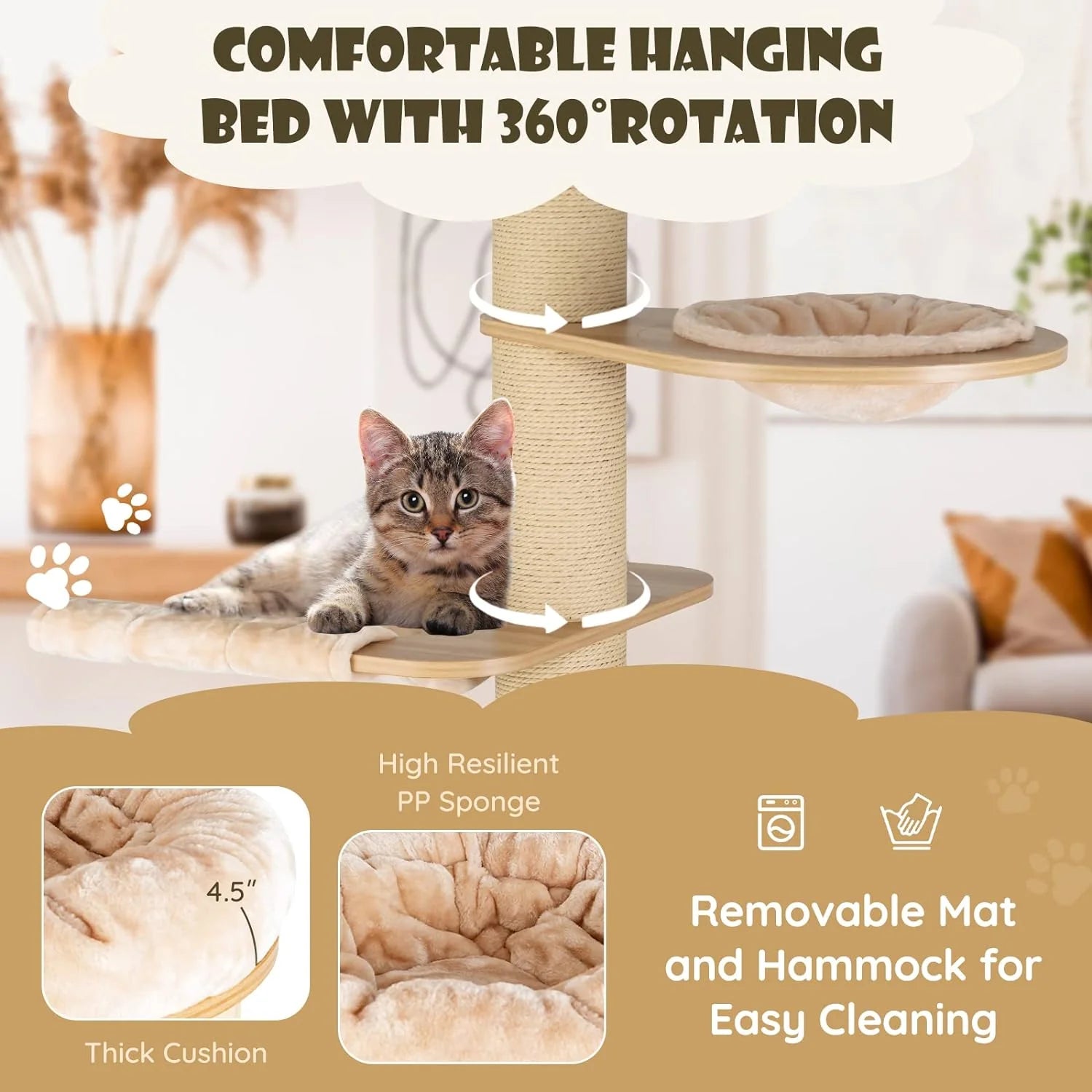 Large cat tree, multi-level tower with sisal posts, hammock, hanging basket and removable washable mats, perfect for large cats