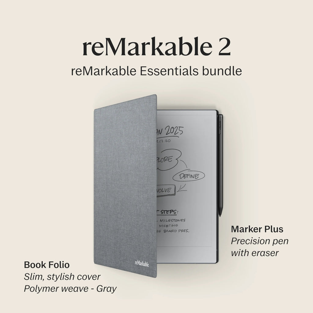reMarkable 2 – 10.3” Paper Tablet with Marker Plus and Polymer Weave Book Folio – Gray