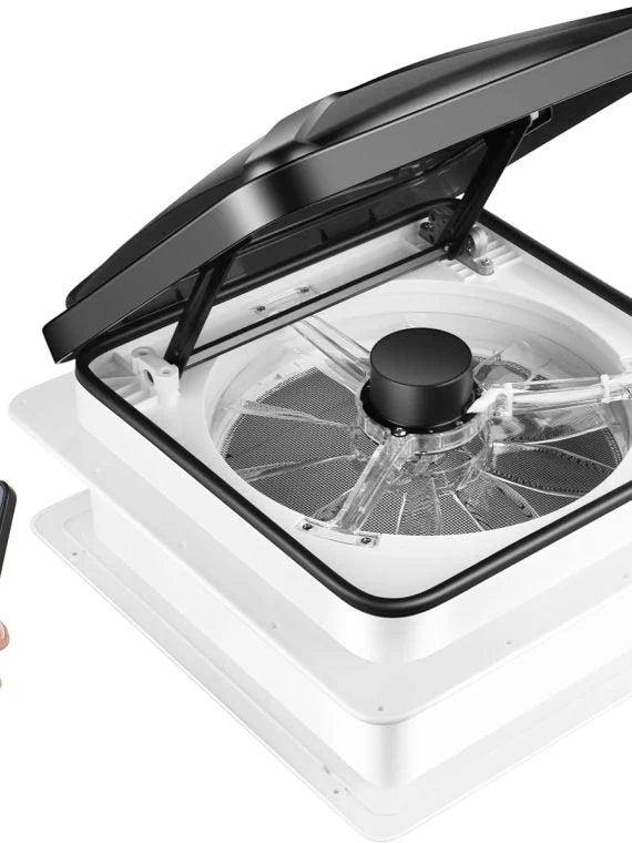 MaxxAir 10 Speed Roof Vent Fan 12V with Thermostat, Rain Sensor, Remote & App Control, 14′′x14′′ Reversible Powered Lift